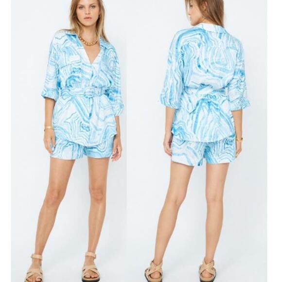 Suboo Psychedelic Agate Print Shirt & Elastic Waist Shorts Set Blue Womens Small - Picture 1 of 10